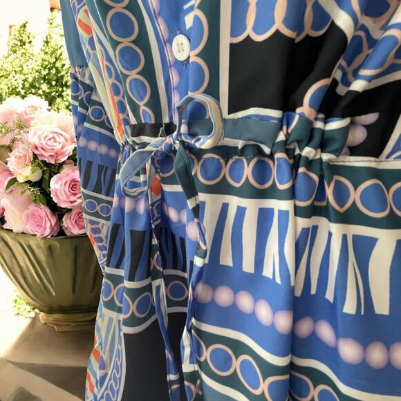 Boutique Printed Balloon Sleeve Coastal Dress Tie Waist Mini Flare Size Small - Picture 6 of 13